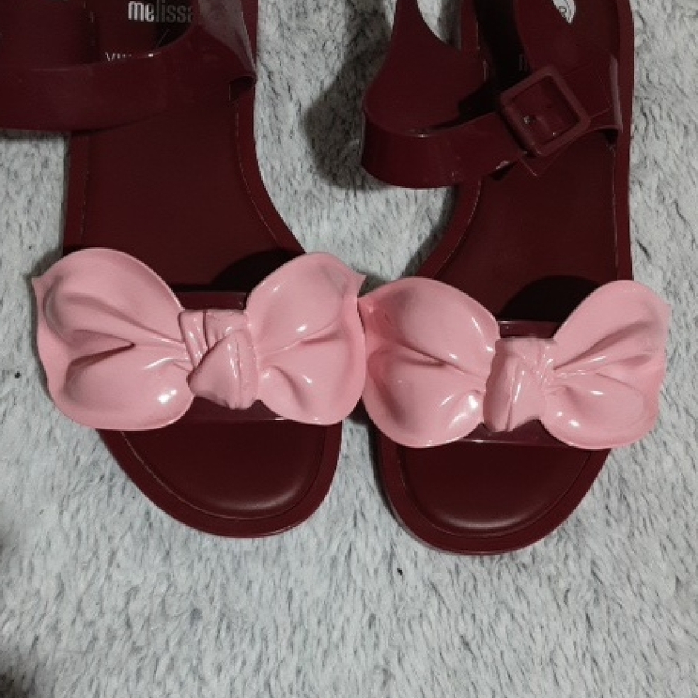 MELISSA  Sandals Size 8 with Pink Bow and BURGUNDY  Straps - Picture 11 of 12